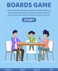 Advertising Flyer Inscription Boards Game Flat. Organization Family Table Games Championship. Husband and Wife Play Chess, Child is Watching Them. Vector Illustration Landing Page.