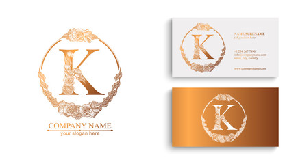 Letter K logo or monogram. For your business. Vector sign. Floral style, beautiful roses. Personal logo.