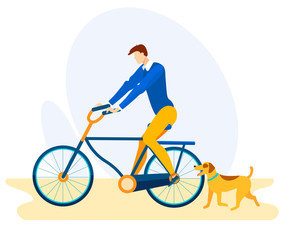Advertising Banner Bike Ride with Dog Cartoon. Universal Way to Reduce Stress. Poster Walk with Dog on Bicycle. Dog Walking in Park. Physical or Psychological Stress. Vector Illustration.