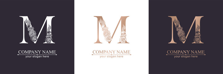 Letter M logo or monogram. For your business. Vector sign. Floral style, beautiful roses. Personal logo.