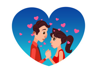 Loving Couple Holding Hands Watching Face to Face inside of Heart Frame Isolated on White Background, Romantic Movie Actors, Love, Romance Film Cinema Scene . Cartoon Flat Vector Illustration, Icon