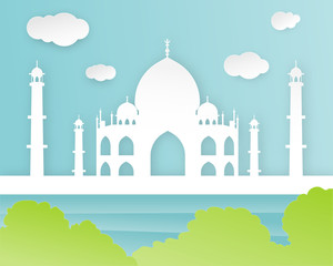 Taj Mahal in paper cut style. India landmark. Vector illustration.