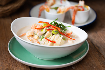 Bolied Coconut Milk Soup , Prawn ,  Bamboo shoot , Bitter bean And Senegalia pennata .