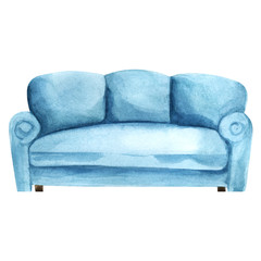 Turquoise cozy and comfortable sofa as symbol of rest and relaxation. Hand drawn watercolor piece of furniture isolated on white background. Template illustration for scrapbooking.