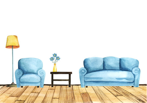 Blue furniture set of armchair and sofa with coffee table between with vase of flowers on it and yellow torchiere. Bright furniture objects against white empty wall. Watercolor bottom border template.