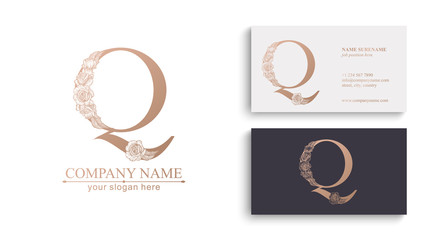 Letter Q logo or monogram. For your business. Vector sign. Floral style, beautiful roses. Personal logo.
