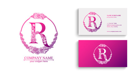 Letter R logo or monogram. For your business. Vector sign. Floral style, beautiful roses. Personal logo.
