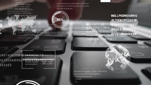 Man working on laptop computer keyboard with graphic user interface GUI hologram showing concepts of big data science technology, digital network connection and computer programming algorithm.