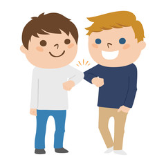 肘と肘を合わせて、挨拶をしている友達の若い男の子たちのイラスト。