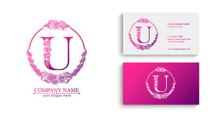 Letter U logo or monogram. For your business. Vector sign. Floral style, beautiful roses. Personal logo.