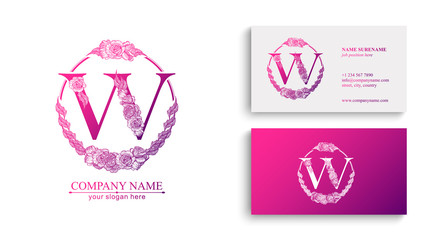 Letter W logo or monogram. For your business. Vector sign. Floral style, beautiful roses. Personal logo.