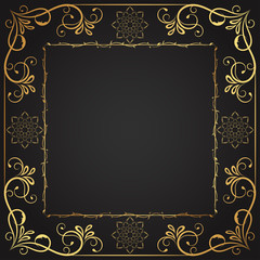 Vintage floral ornament border, Hand drawn decorative element, vector illustration of gold floral frame with black background, Retro design template for page decoration cards, wedding, banner