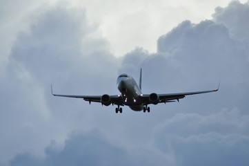 Fototapeta na wymiar Landing plane on the background of gray clouds