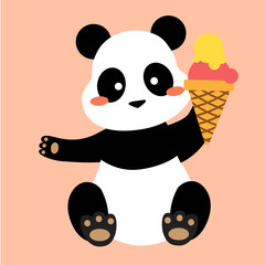Vector flat cartoon cute kawaii brown bear in summer vacation. Sitting with bright ice cream