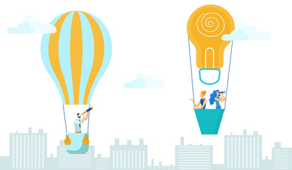 Business Man and Women Flying in Sky on Hot Air Balloon and Planning ahead Flat Cartoon Vector Illustration. Looking through Spyglass and Binoculars City. Exploration concept. Light Bulb Form.