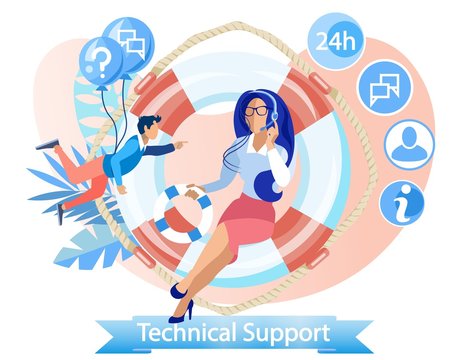 Advertising Flyer Technical Support Lettering. Interest in Potential Client. Vector Illustration. Girl Dressed in an Office Style Is Sitting on Big Life Preserver and Talking on Phone.