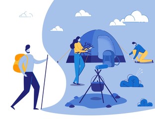 People Tourism and Camping Activity. Men and Women Cartoon Characters Hiking and Setting Place for Rest. Summer Outdoor Recreation Adventure, Leisure Time. Trendy Flat Cartoon Vector Illustration.