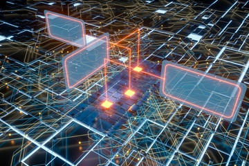 Circuit board and current data, data background, 3d rendering.