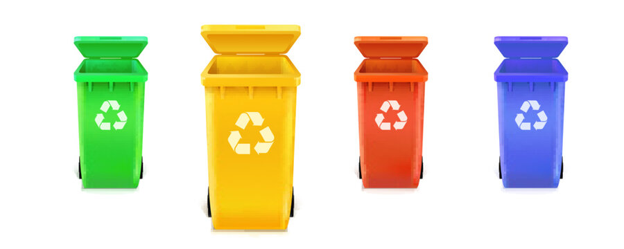 Realistic multi colored trash cans isolated on white background. Waste bins with icons of ecological processing of products. Vector 3d illustration