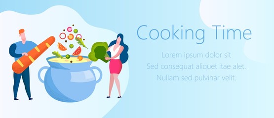 Man and Woman Put Vegetables in Pan. Cooking Time. Cook Organic Vegetable. Vector Illustration. Healthy Food. Organic Food. Produced Natural Products. Blue Pan Soup. Healthy Lifestyle.