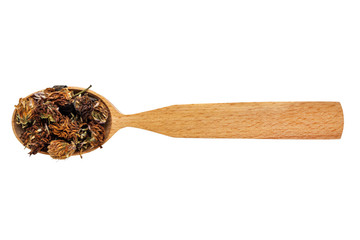 Dried Trifolium in a wooden spoon on a white background. Phytotherapy and disease prevention. Herbal collection for medicinal tinctures. Herbal tea in folk medicine. The view from the top