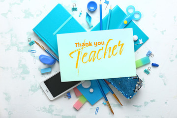 Set of school supplies on color background. Teacher's Day celebration