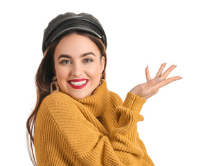 Happy young woman on white background