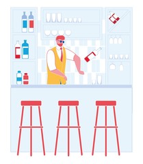 Man Worker Behind Bar Counter Juggles and Throws Up Bottle of Alcohol to Mix Drink. Professional Barman in Nightclub, Cafe or Pub Work with Glass in Hand. Modern Flat Vector Illustration