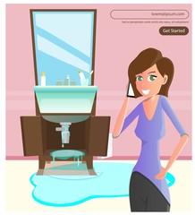 Woman Phoning Plumber Standing in Bathroom Flat Cartoon Vector Illustration. Problems with Demaged Pipe and Water Supply. Broken Sink, Floor Covered with Water. Emergency Call Website.