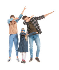 Fototapeta premium Happy dancing family on white background