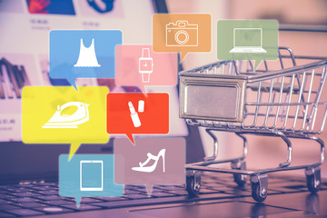 Online shopping / e-commerce and customer experience concept : Shopping cart with fashion gadget on...