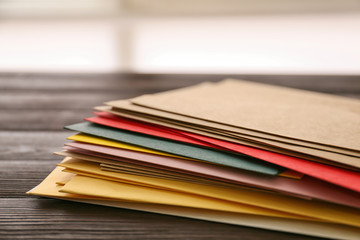 Many paper envelopes on table, closeup
