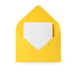 Paper envelope with card on white background