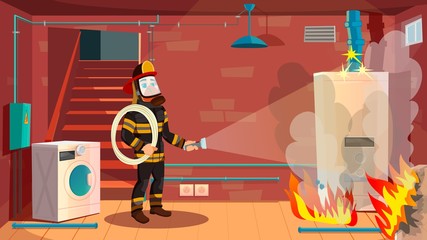 Laundry Room in Basement on Fire. Professional Firefighter, Wearing Protective Clothing and Mask, Investigating Natural Gas Boiler with Electric Torch. Fearless Rescuer. Cute Cartoon Character.