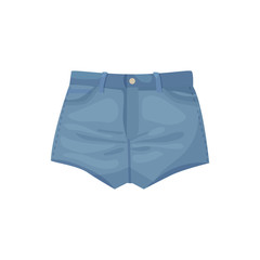 Vector illustration with denim short shorts in cartoon style. Women's summer clothing. Stylish travel shorts.