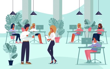 Client Support Service Team Working at Office Computer. Teamwork at Workplace. Call Center and Online Hotline. Cartoon Executive Managers and Employees Characters. Vector Flat Illustration