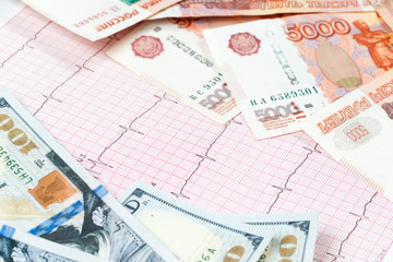 dollar and ruble banknotes on cardiogram