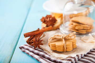 cookies with cinnamon and tea on a table, selective focus, copy space