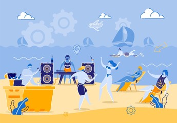 Prompt Flyer Fun Beach Party on Sand at Seaside. Music Party In Afternoon on Beach. Musician Plays on Musical Equipment. Men and Women Fun Dancing next to Bar. Vector Illustration.