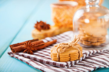 cookies with cinnamon and tea on a table, selective focus, copy space