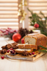 Christmas cake on a table, selective focus, copy space