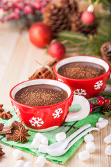 hot chocolate in a cup on a Christmas background, selective focus, copy space