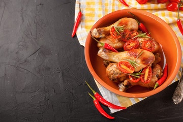 the baked chicken legs with a tomato in a bowl on a table, selective focus, copy space
