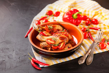 the baked chicken legs with a tomato in a bowl on a table, selective focus, copy space