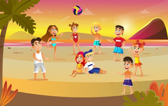 Children Playing with Ball on Beach Flat Cartoon Vector Illustration. Happy Friends Relax near Sea on Sunset. Activitie Games in Sand. Throwing Ball in Circle. Spending Time Actively.