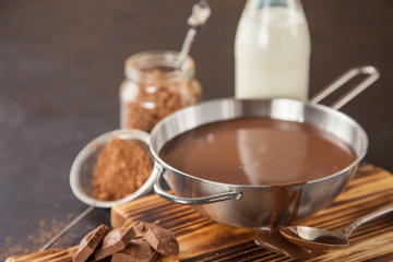 hot chocolate in a pan on a board, selective focus, copy space