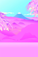 Pinkish top surface in front of colorful Sakura blossoms and Fuji mountain for display or montage your products concept