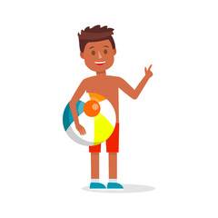 Cute Smiling Little Boy with Brown Hair and Tanned Skin Wearing Beach Red Shorts Holding Big Colorful Ball in Hands Isolated on White Background. Summer Time Activity. Cartoon Flat Vector Illustration