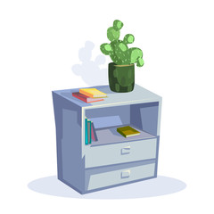 Bedroom Cute Nightstand Design. Kid Nursery Room Cartoon Bedside Table. Cactus Flower Flowerpot, Book Shelf. Home Furniture Decor. Office Desk Organized Storage. House Apartment Decoration