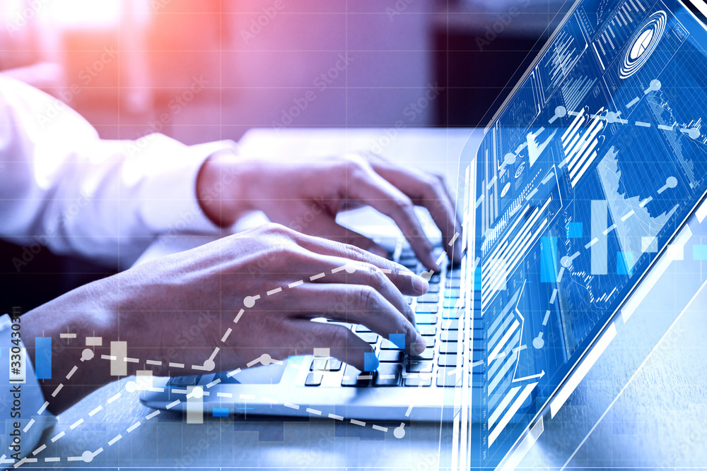 Poster data analysis for business and finance concept. graphic interface showing future computer technology